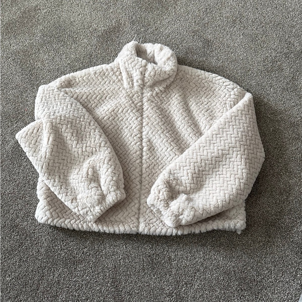 Women’s Faux Fur Crop Jacket Coat Cream Ivory Size Large